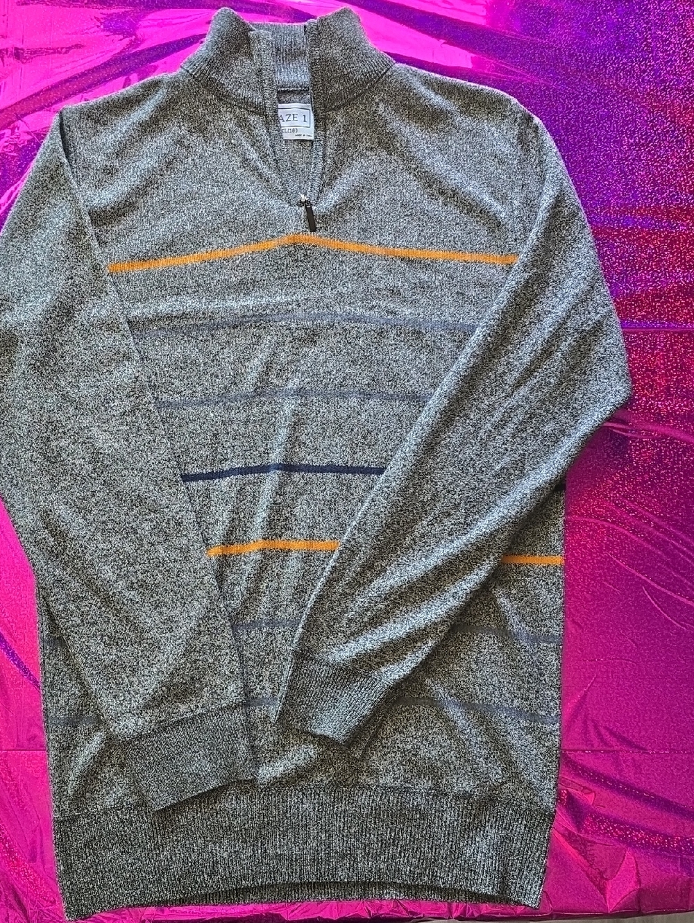 Faze 1 Boys Heather Gray Zip-Up Sweater with Orange & Navy Stripes